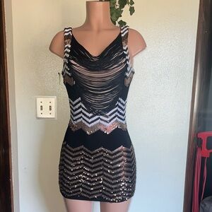 bebe Black Mini Dress with Bronze & Silver Sequin Zigzag